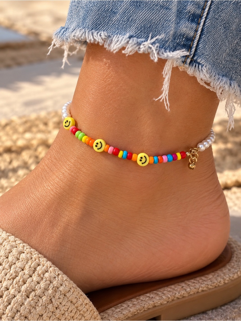 Adina Eden Multi Pastel Smiley Face Pearl Anklet